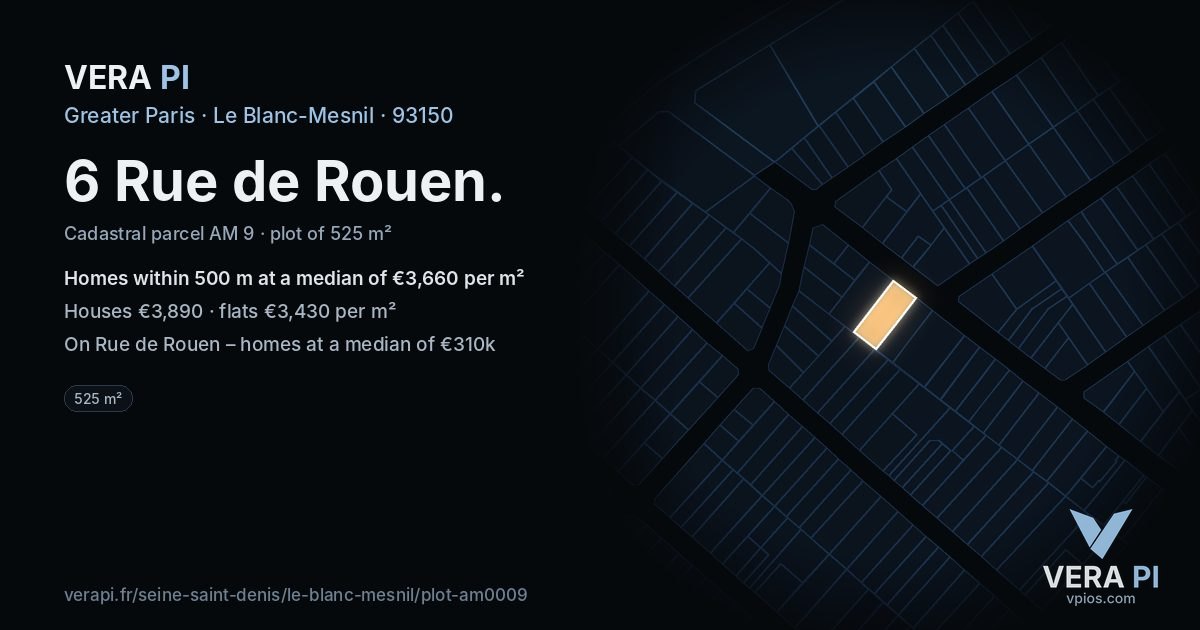 6 Rue de Rouen, Le Blanc-Mesnil at night – the plot lit, the parcels around coloured by the prices near them