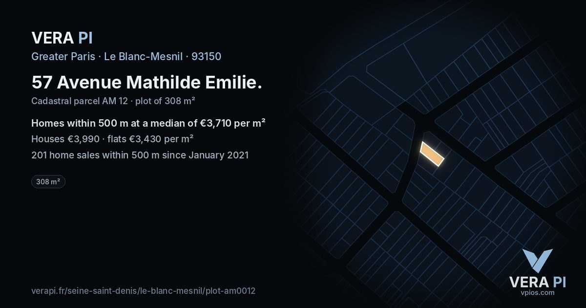 57 Avenue Mathilde Emilie, Le Blanc-Mesnil at night – the plot lit, the parcels around coloured by the prices near them