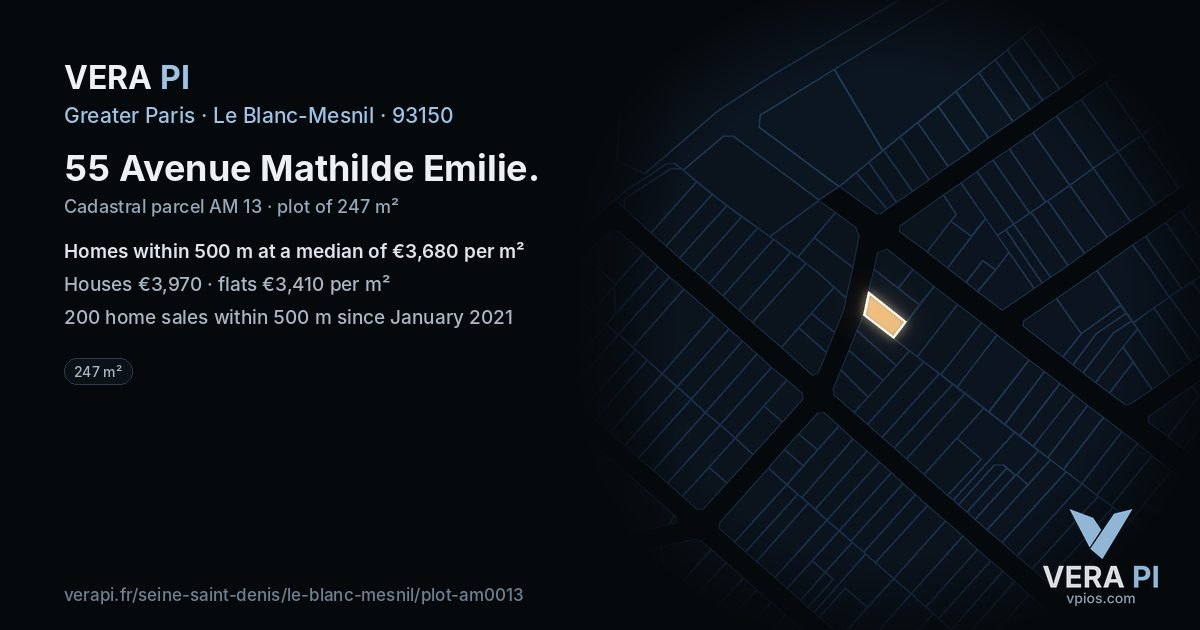55 Avenue Mathilde Emilie, Le Blanc-Mesnil at night – the plot lit, the parcels around coloured by the prices near them
