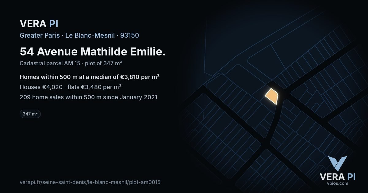 54 Avenue Mathilde Emilie, Le Blanc-Mesnil at night – the plot lit, the parcels around coloured by the prices near them
