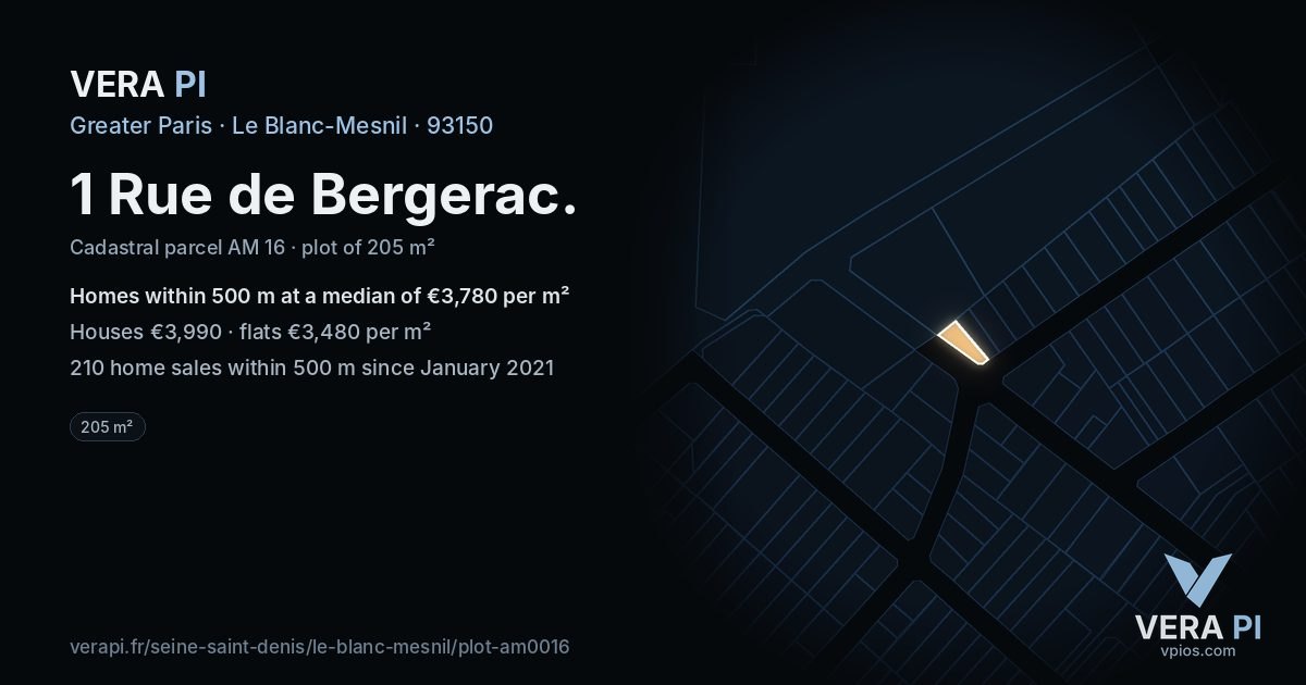 1 Rue de Bergerac, Le Blanc-Mesnil at night – the plot lit, the parcels around coloured by the prices near them