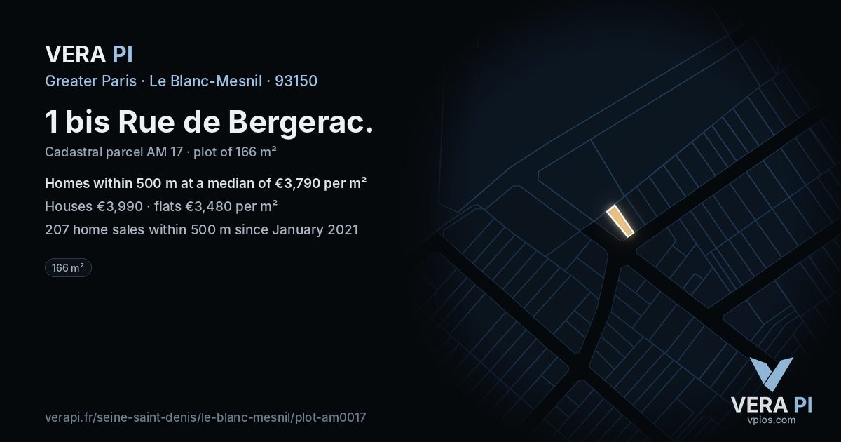 1 bis Rue de Bergerac, Le Blanc-Mesnil at night – the plot lit, the parcels around coloured by the prices near them