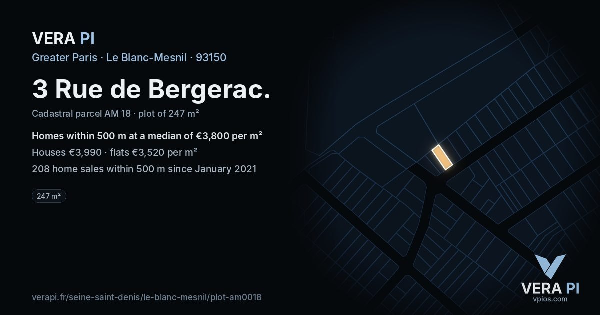 3 Rue de Bergerac, Le Blanc-Mesnil at night – the plot lit, the parcels around coloured by the prices near them