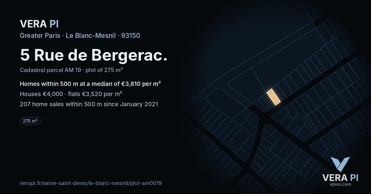 5 Rue de Bergerac, Le Blanc-Mesnil at night – the plot lit, the parcels around coloured by the prices near them