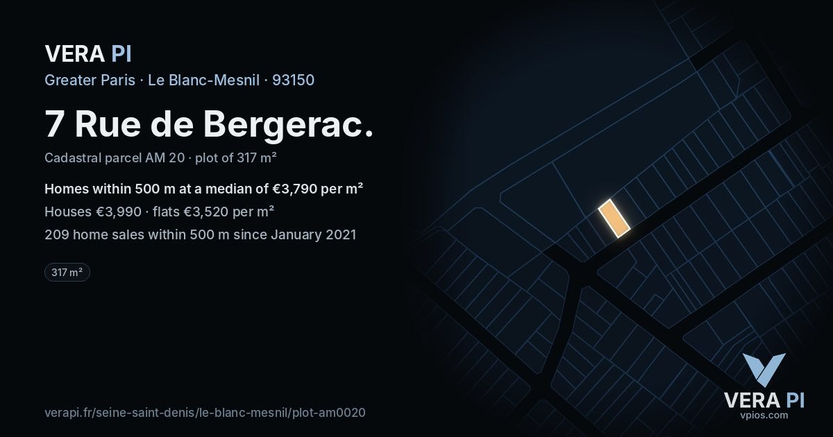 7 Rue de Bergerac, Le Blanc-Mesnil at night – the plot lit, the parcels around coloured by the prices near them