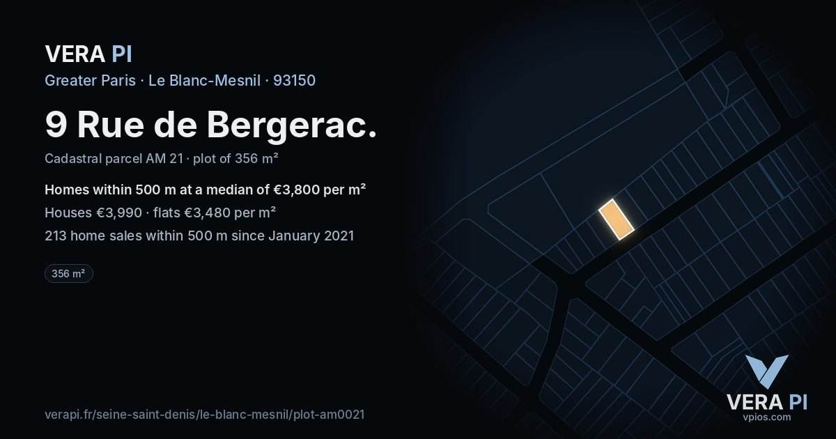9 Rue de Bergerac, Le Blanc-Mesnil at night – the plot lit, the parcels around coloured by the prices near them
