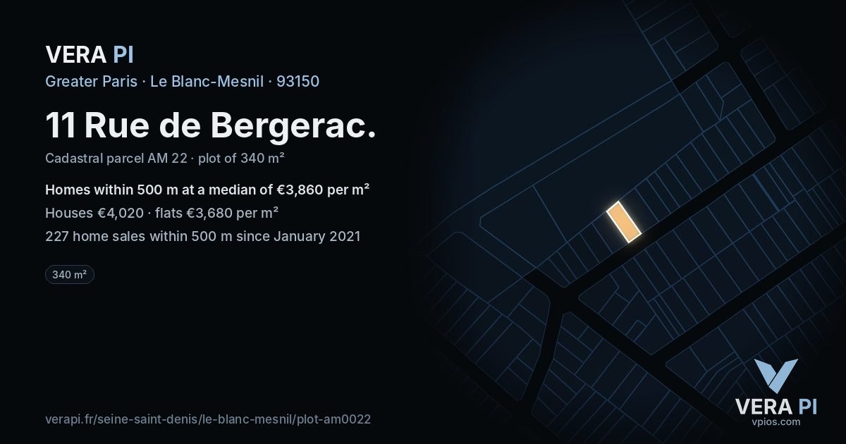 11 Rue de Bergerac, Le Blanc-Mesnil at night – the plot lit, the parcels around coloured by the prices near them