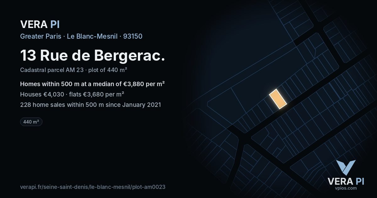 13 Rue de Bergerac, Le Blanc-Mesnil at night – the plot lit, the parcels around coloured by the prices near them