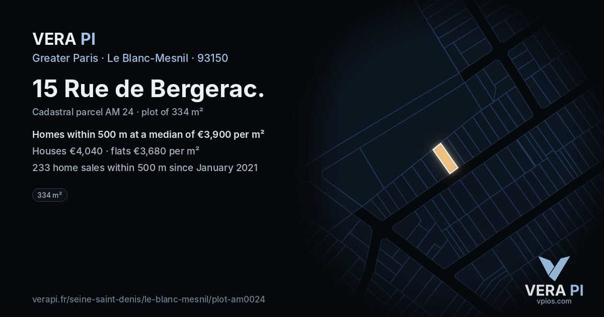 15 Rue de Bergerac, Le Blanc-Mesnil at night – the plot lit, the parcels around coloured by the prices near them