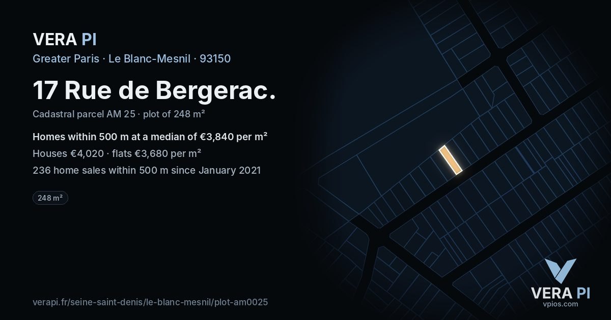 17 Rue de Bergerac, Le Blanc-Mesnil at night – the plot lit, the parcels around coloured by the prices near them