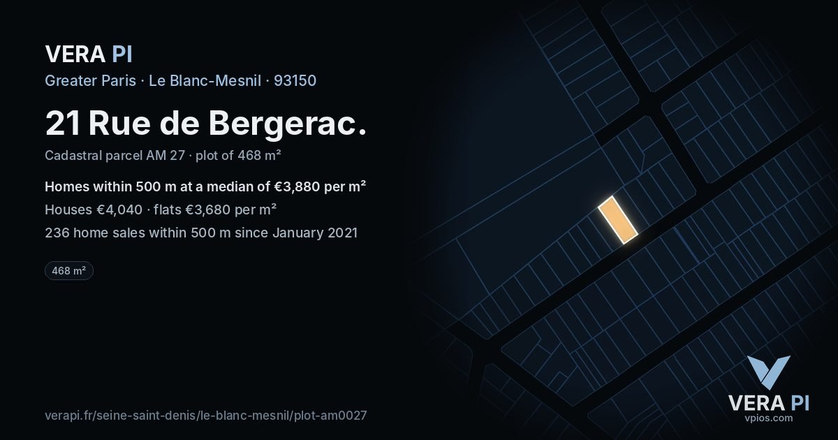 21 Rue de Bergerac, Le Blanc-Mesnil at night – the plot lit, the parcels around coloured by the prices near them