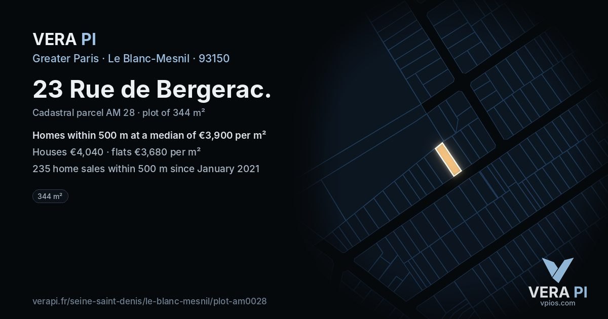 23 Rue de Bergerac, Le Blanc-Mesnil at night – the plot lit, the parcels around coloured by the prices near them