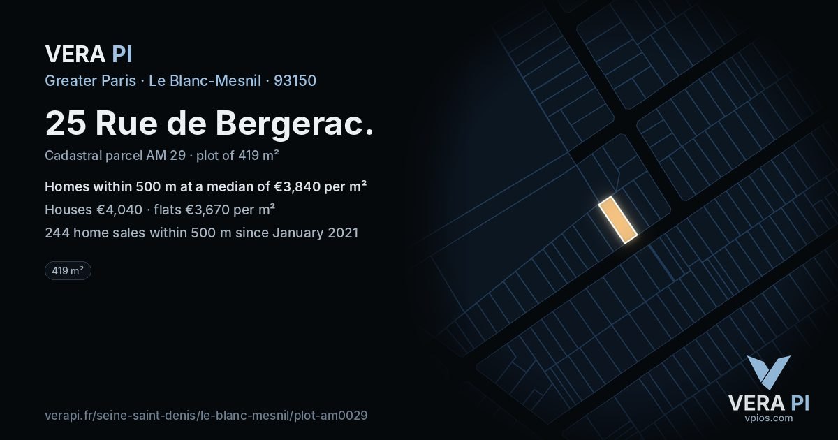 25 Rue de Bergerac, Le Blanc-Mesnil at night – the plot lit, the parcels around coloured by the prices near them