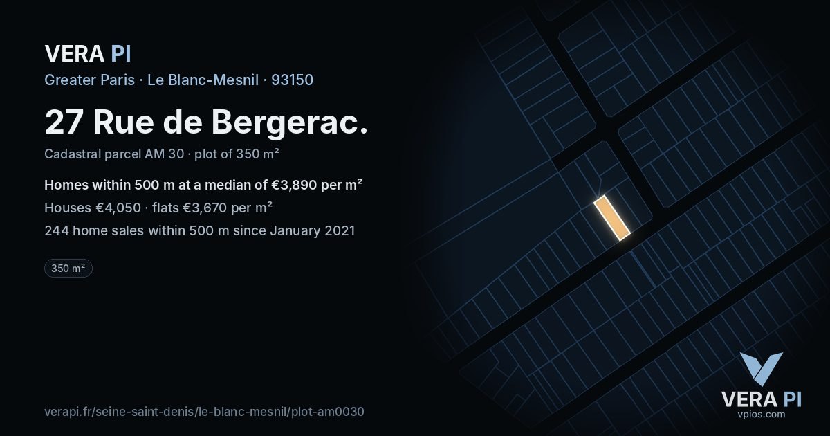 27 Rue de Bergerac, Le Blanc-Mesnil at night – the plot lit, the parcels around coloured by the prices near them