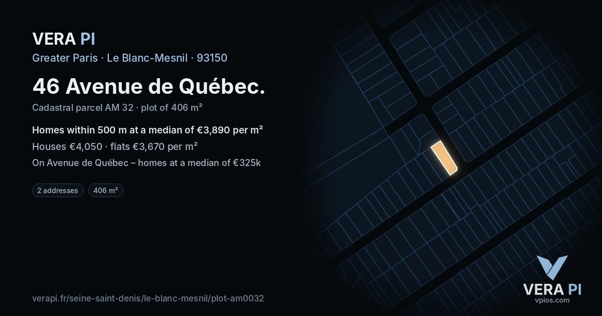 46 Avenue de Québec, Le Blanc-Mesnil at night – the plot lit, the parcels around coloured by the prices near them