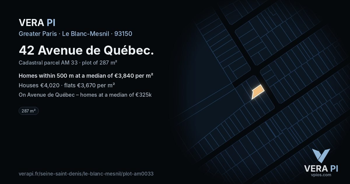42 Avenue de Québec, Le Blanc-Mesnil at night – the plot lit, the parcels around coloured by the prices near them