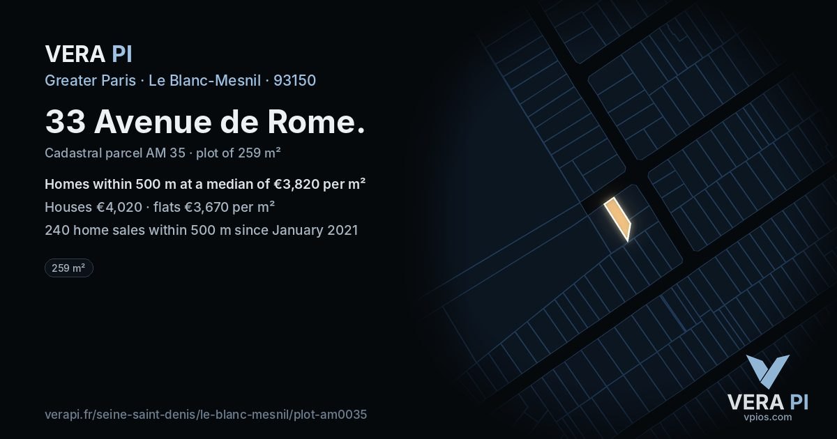 33 Avenue de Rome, Le Blanc-Mesnil at night – the plot lit, the parcels around coloured by the prices near them