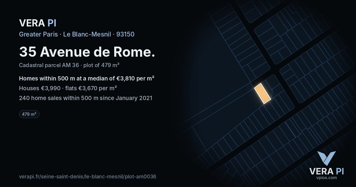 35 Avenue de Rome, Le Blanc-Mesnil at night – the plot lit, the parcels around coloured by the prices near them
