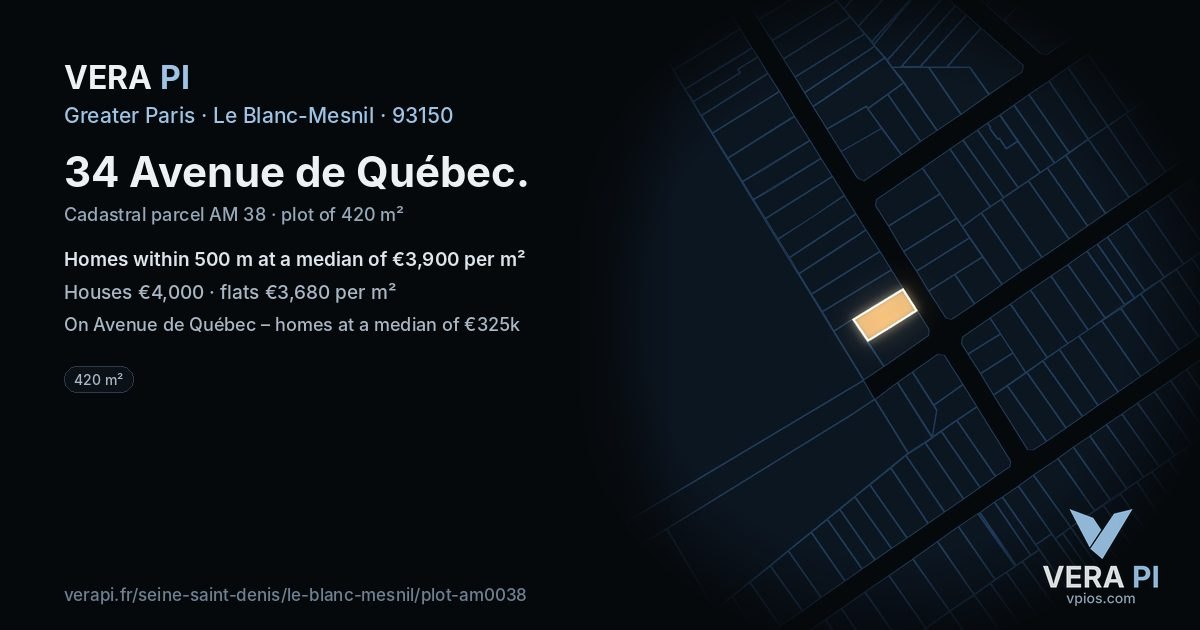 34 Avenue de Québec, Le Blanc-Mesnil at night – the plot lit, the parcels around coloured by the prices near them