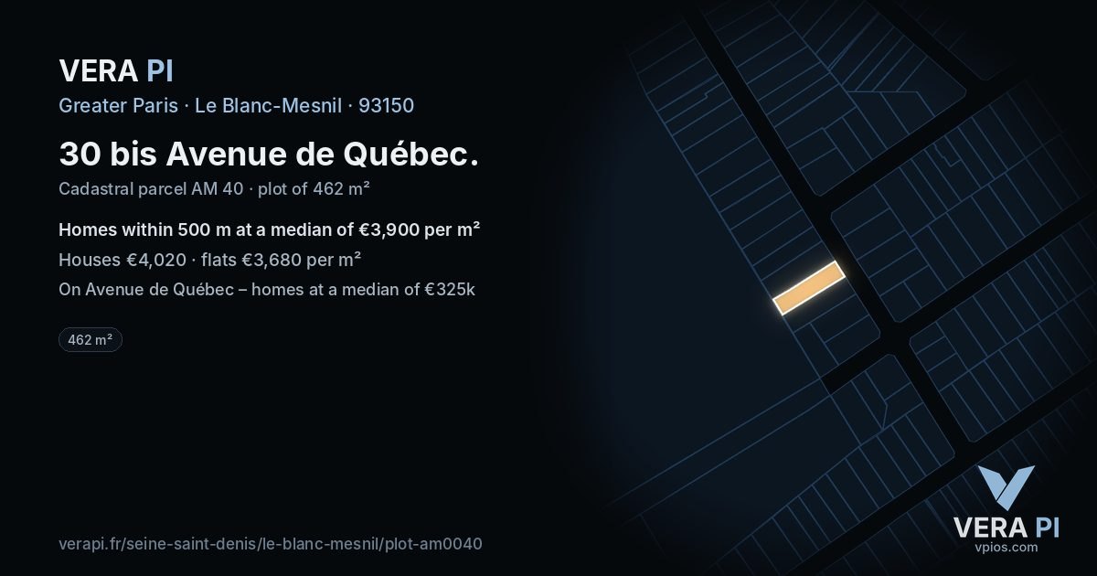 30 bis Avenue de Québec, Le Blanc-Mesnil at night – the plot lit, the parcels around coloured by the prices near them