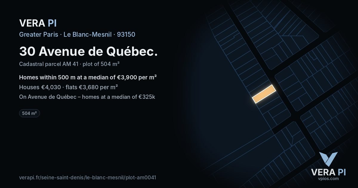 30 Avenue de Québec, Le Blanc-Mesnil at night – the plot lit, the parcels around coloured by the prices near them