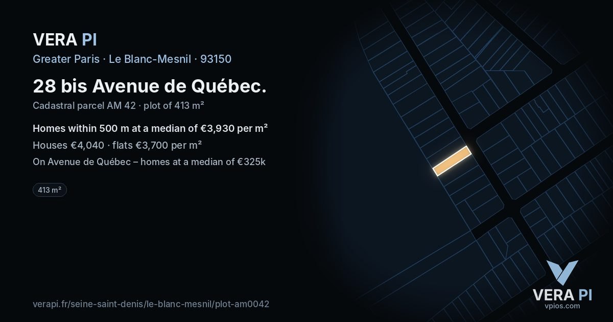 28 bis Avenue de Québec, Le Blanc-Mesnil at night – the plot lit, the parcels around coloured by the prices near them