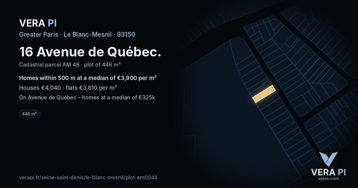 16 Avenue de Québec, Le Blanc-Mesnil at night – the plot lit, the parcels around coloured by the prices near them