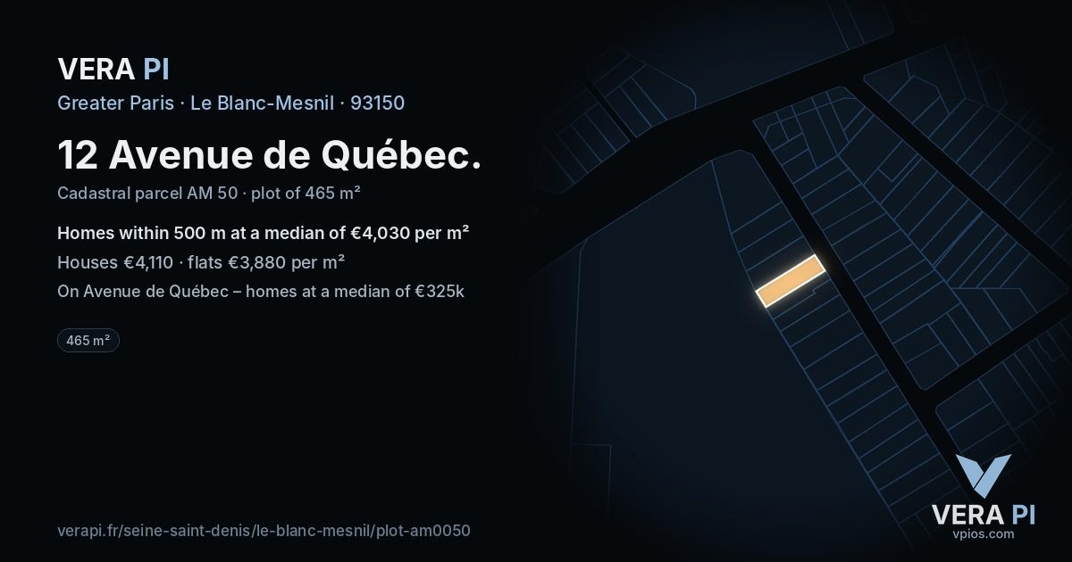 12 Avenue de Québec, Le Blanc-Mesnil at night – the plot lit, the parcels around coloured by the prices near them