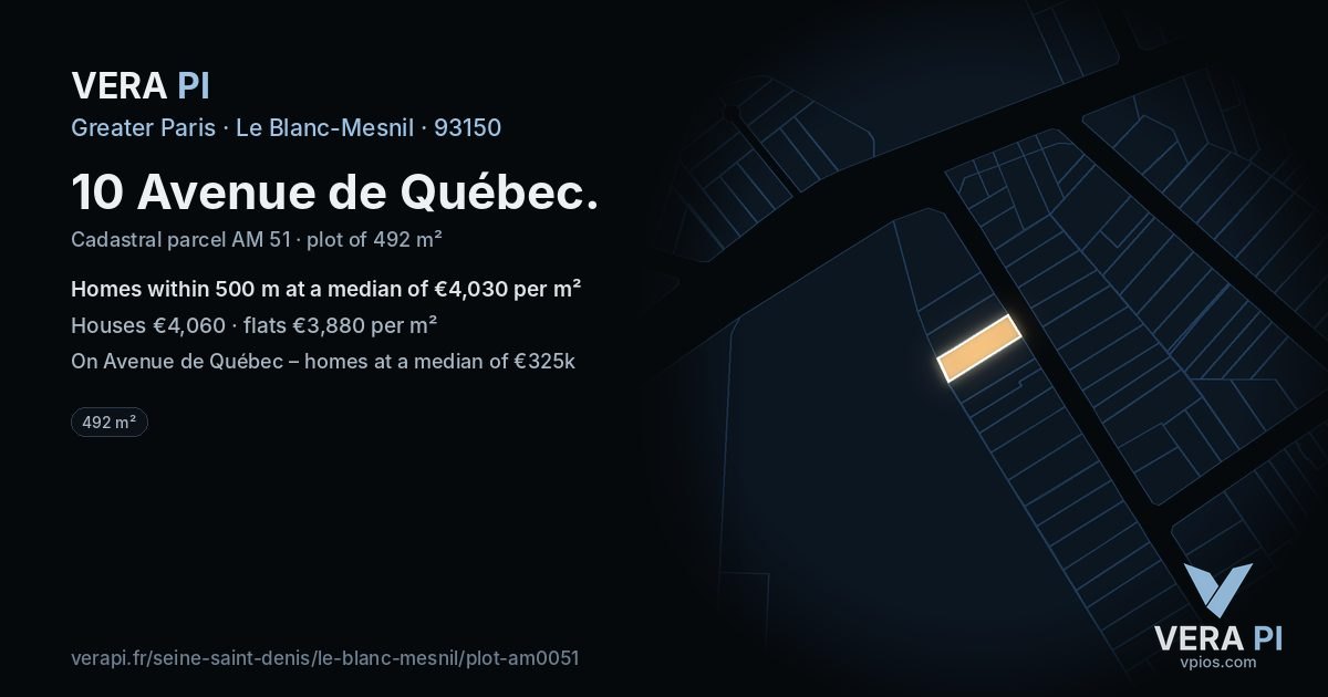 10 Avenue de Québec, Le Blanc-Mesnil at night – the plot lit, the parcels around coloured by the prices near them
