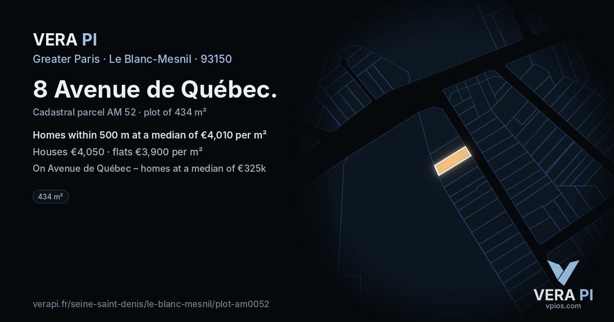 8 Avenue de Québec, Le Blanc-Mesnil at night – the plot lit, the parcels around coloured by the prices near them