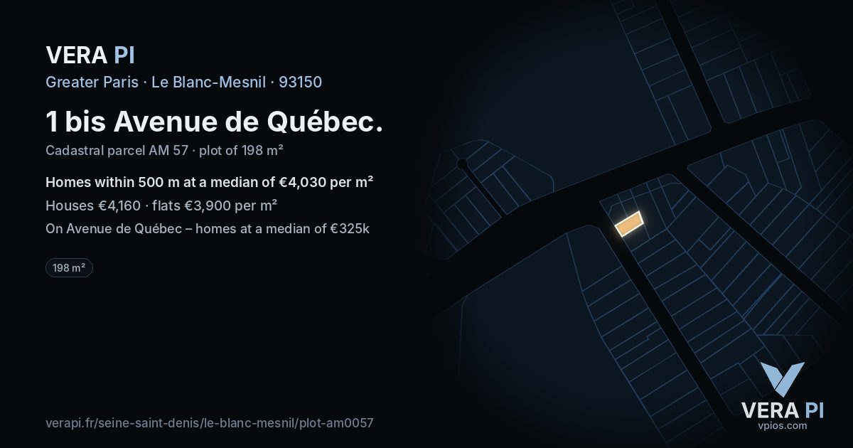 1 bis Avenue de Québec, Le Blanc-Mesnil at night – the plot lit, the parcels around coloured by the prices near them