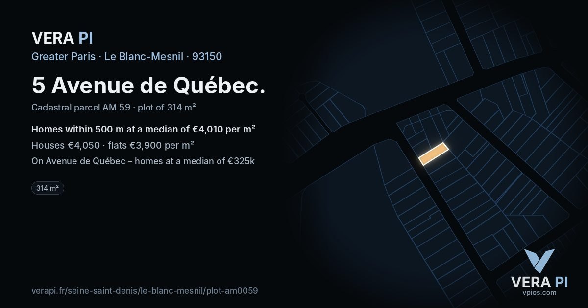 5 Avenue de Québec, Le Blanc-Mesnil at night – the plot lit, the parcels around coloured by the prices near them
