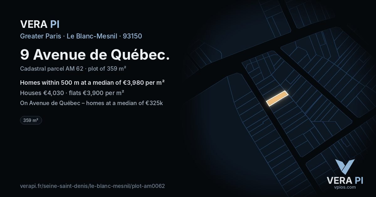9 Avenue de Québec, Le Blanc-Mesnil at night – the plot lit, the parcels around coloured by the prices near them