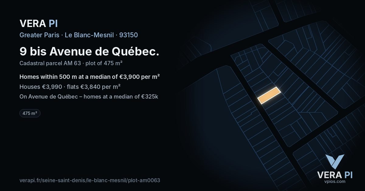 9 bis Avenue de Québec, Le Blanc-Mesnil at night – the plot lit, the parcels around coloured by the prices near them