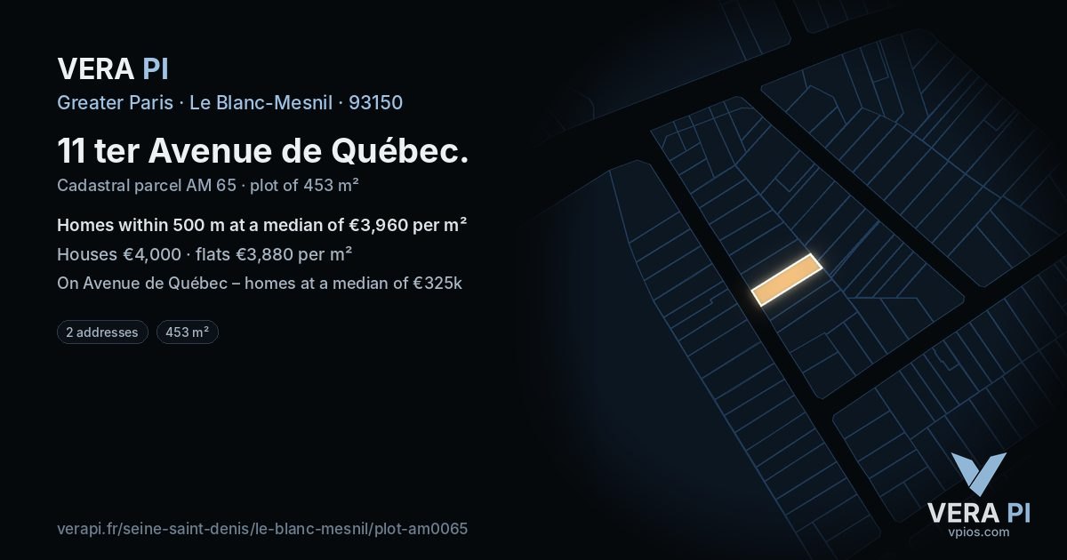 11 ter Avenue de Québec, Le Blanc-Mesnil at night – the plot lit, the parcels around coloured by the prices near them
