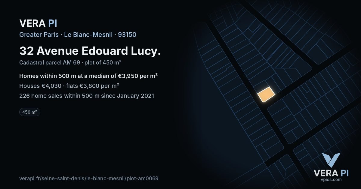 32 Avenue Edouard Lucy, Le Blanc-Mesnil at night – the plot lit, the parcels around coloured by the prices near them