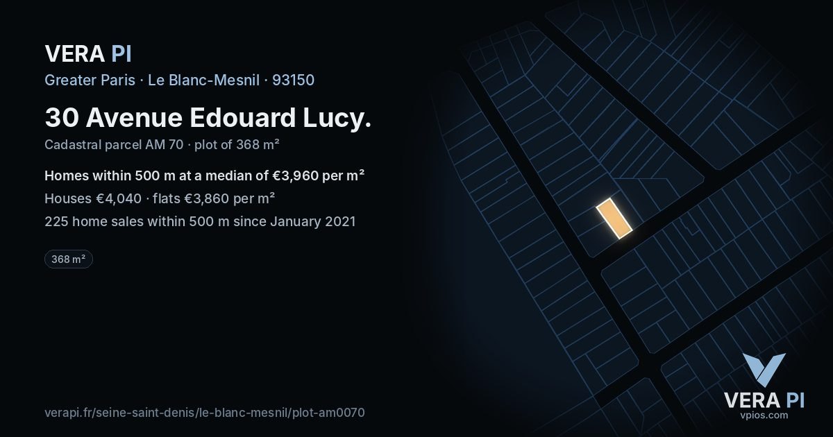 30 Avenue Edouard Lucy, Le Blanc-Mesnil at night – the plot lit, the parcels around coloured by the prices near them