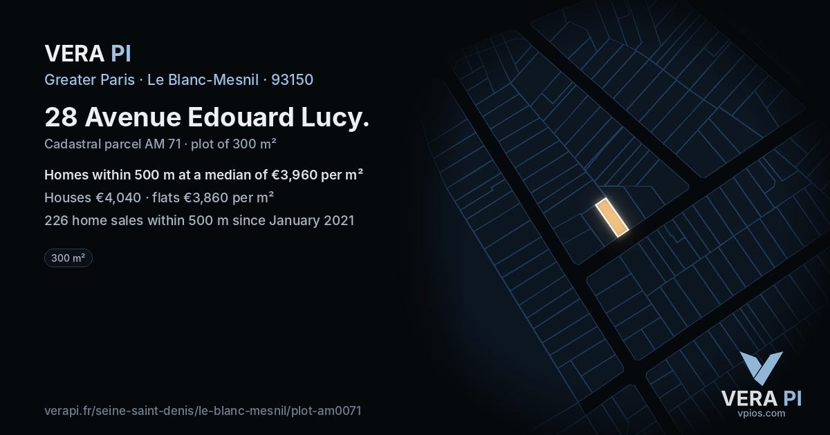 28 Avenue Edouard Lucy, Le Blanc-Mesnil at night – the plot lit, the parcels around coloured by the prices near them