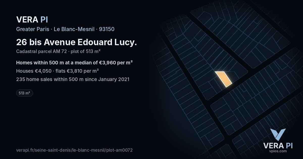 26 bis Avenue Edouard Lucy, Le Blanc-Mesnil at night – the plot lit, the parcels around coloured by the prices near them