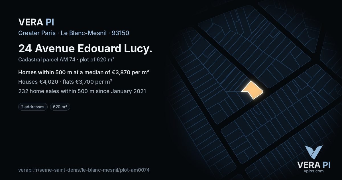 24 Avenue Edouard Lucy, Le Blanc-Mesnil at night – the plot lit, the parcels around coloured by the prices near them
