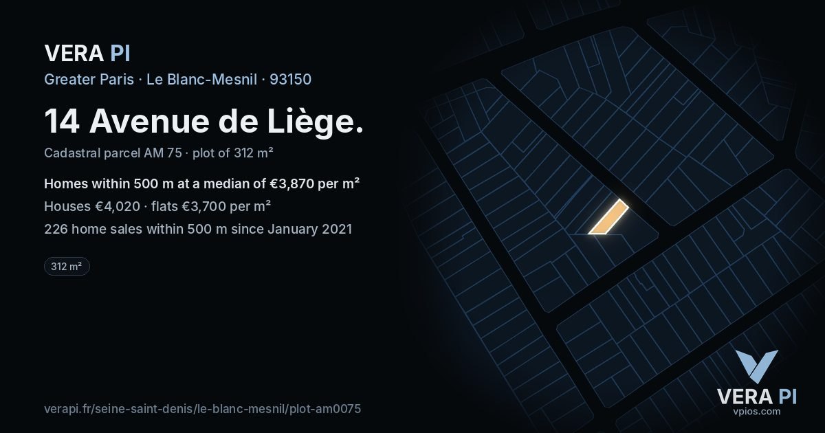 14 Avenue de Liège, Le Blanc-Mesnil at night – the plot lit, the parcels around coloured by the prices near them