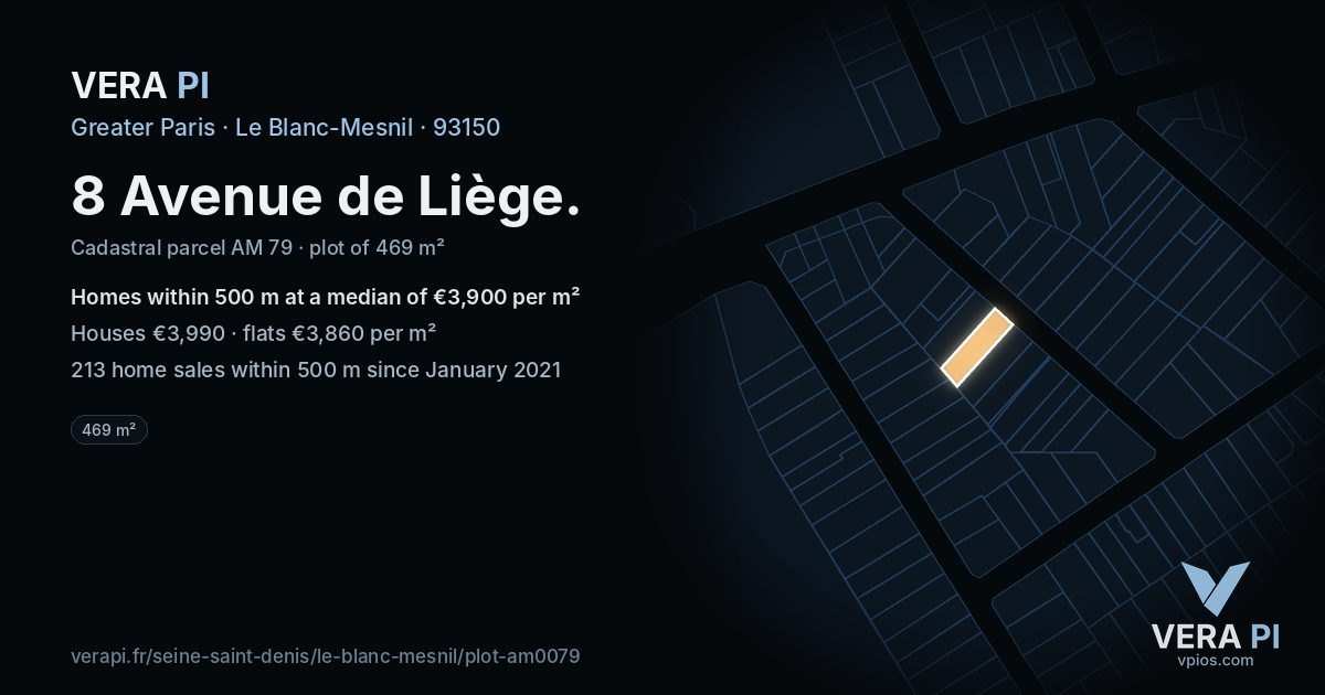 8 Avenue de Liège, Le Blanc-Mesnil at night – the plot lit, the parcels around coloured by the prices near them
