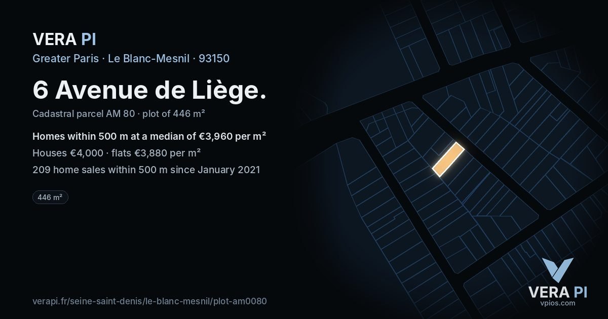 6 Avenue de Liège, Le Blanc-Mesnil at night – the plot lit, the parcels around coloured by the prices near them