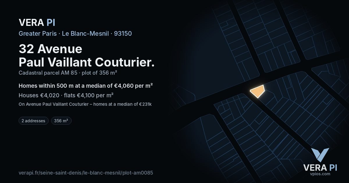 32 Avenue Paul Vaillant Couturier, Le Blanc-Mesnil at night – the plot lit, the parcels around coloured by the prices near them