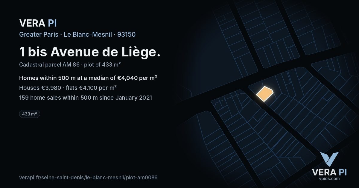 1 bis Avenue de Liège, Le Blanc-Mesnil at night – the plot lit, the parcels around coloured by the prices near them
