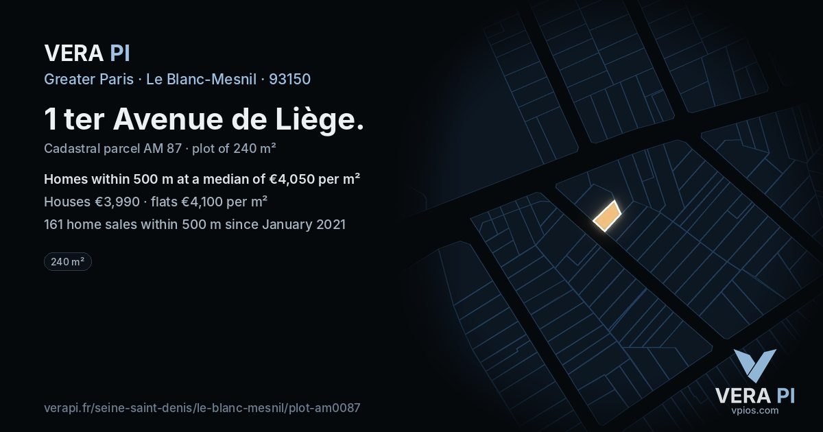 1 ter Avenue de Liège, Le Blanc-Mesnil at night – the plot lit, the parcels around coloured by the prices near them