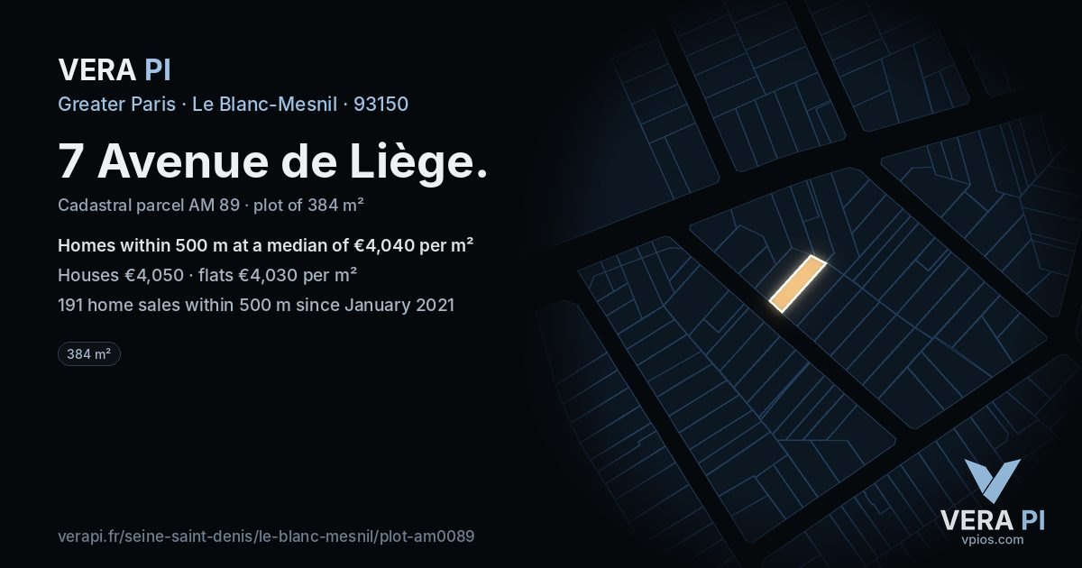 7 Avenue de Liège, Le Blanc-Mesnil at night – the plot lit, the parcels around coloured by the prices near them