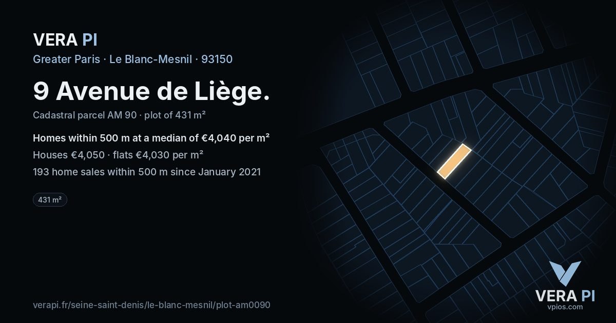 9 Avenue de Liège, Le Blanc-Mesnil at night – the plot lit, the parcels around coloured by the prices near them