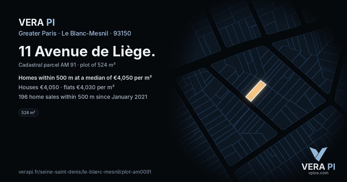 11 Avenue de Liège, Le Blanc-Mesnil at night – the plot lit, the parcels around coloured by the prices near them