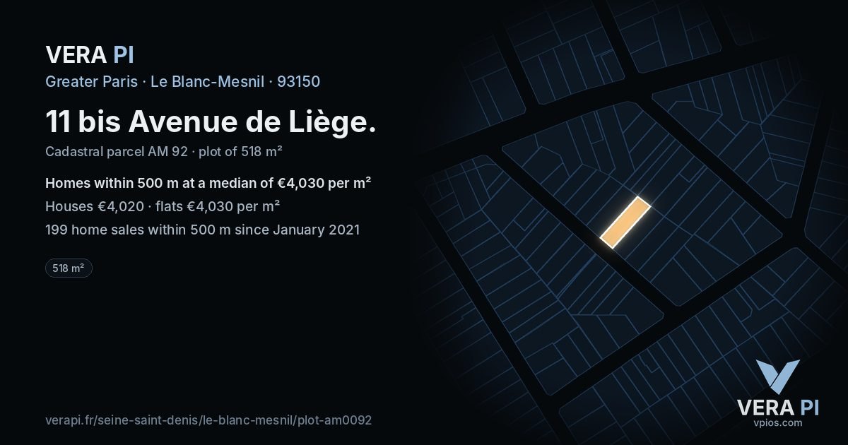 11 bis Avenue de Liège, Le Blanc-Mesnil at night – the plot lit, the parcels around coloured by the prices near them